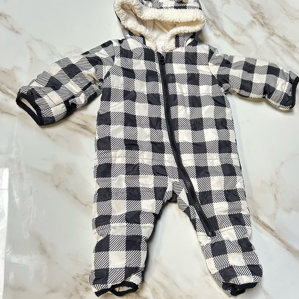 Wonder Nation Baby Size 0-3 Month Check Pram Snow Suit Black White Checkered Zip